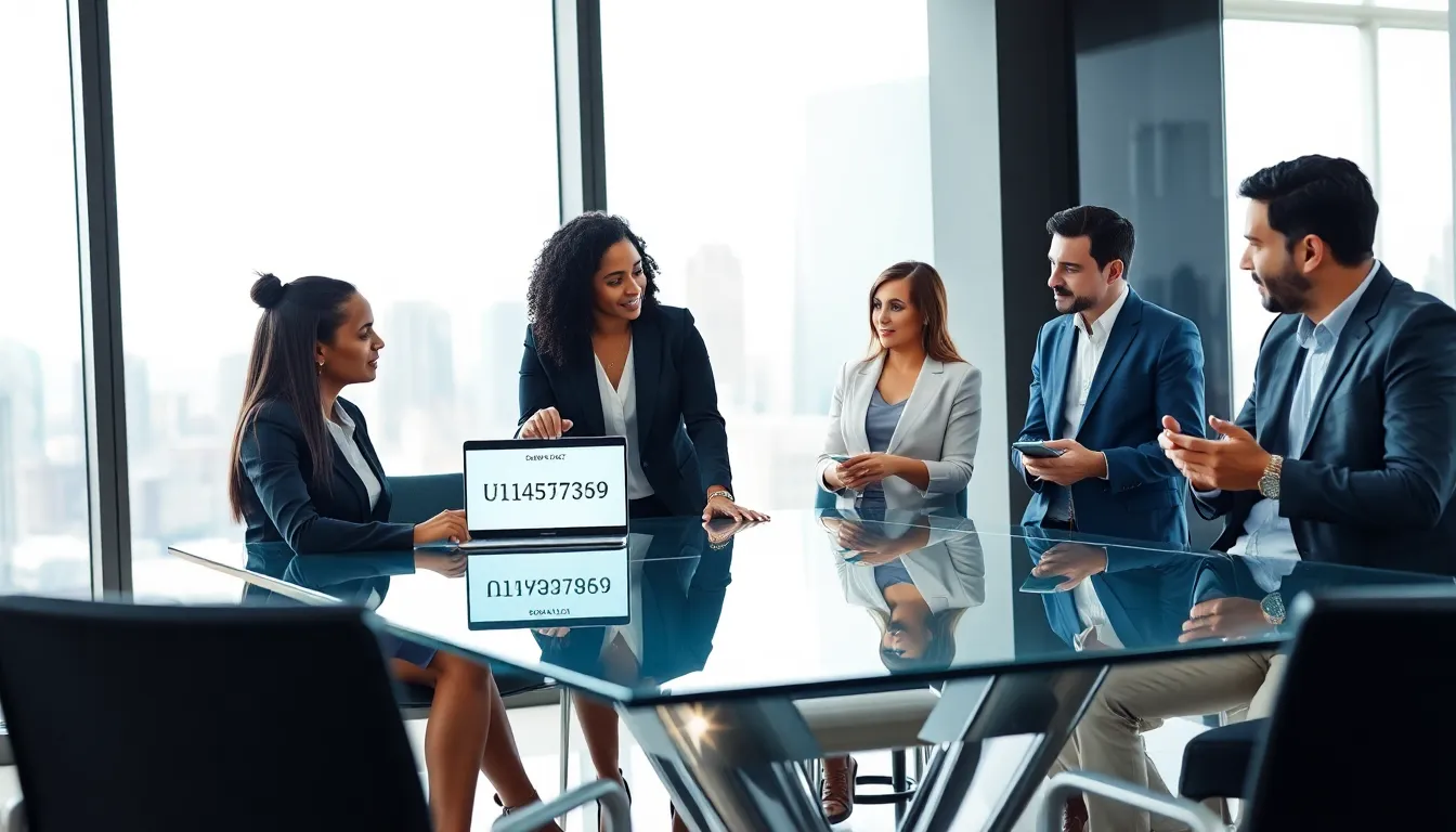 professionals discussing U143573639 in a modern office.