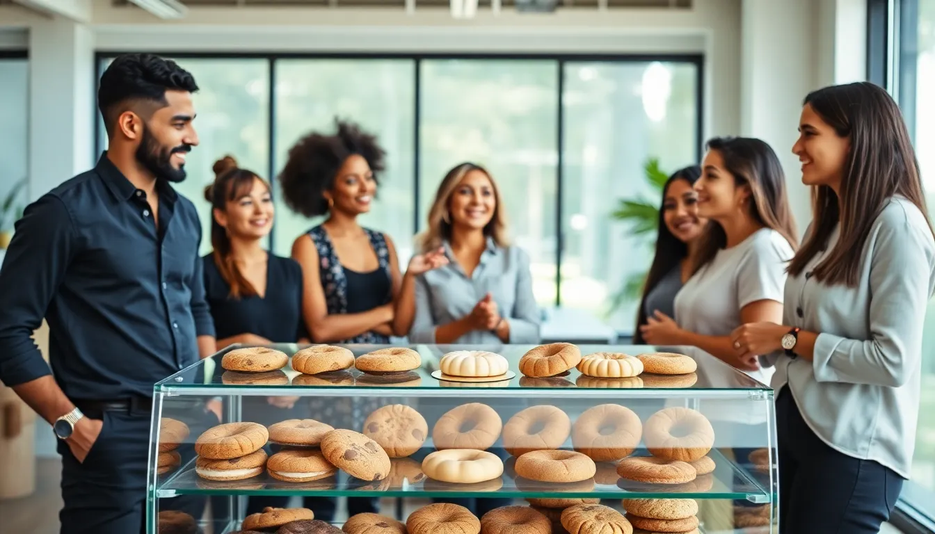 diverse team showcasing gourmet cookies in a modern office.