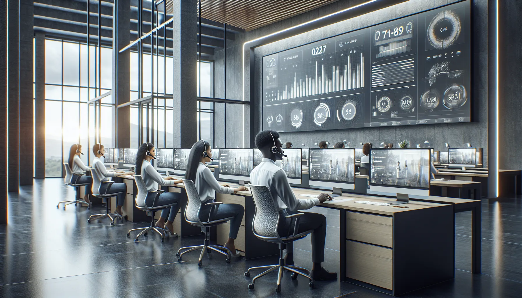 diverse customer service team in a modern call center.