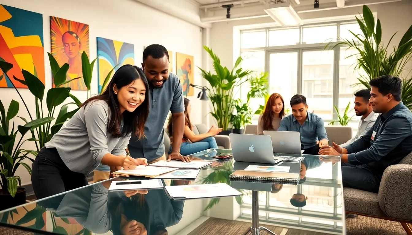 diverse professionals collaborating in a creative, modern office setting.