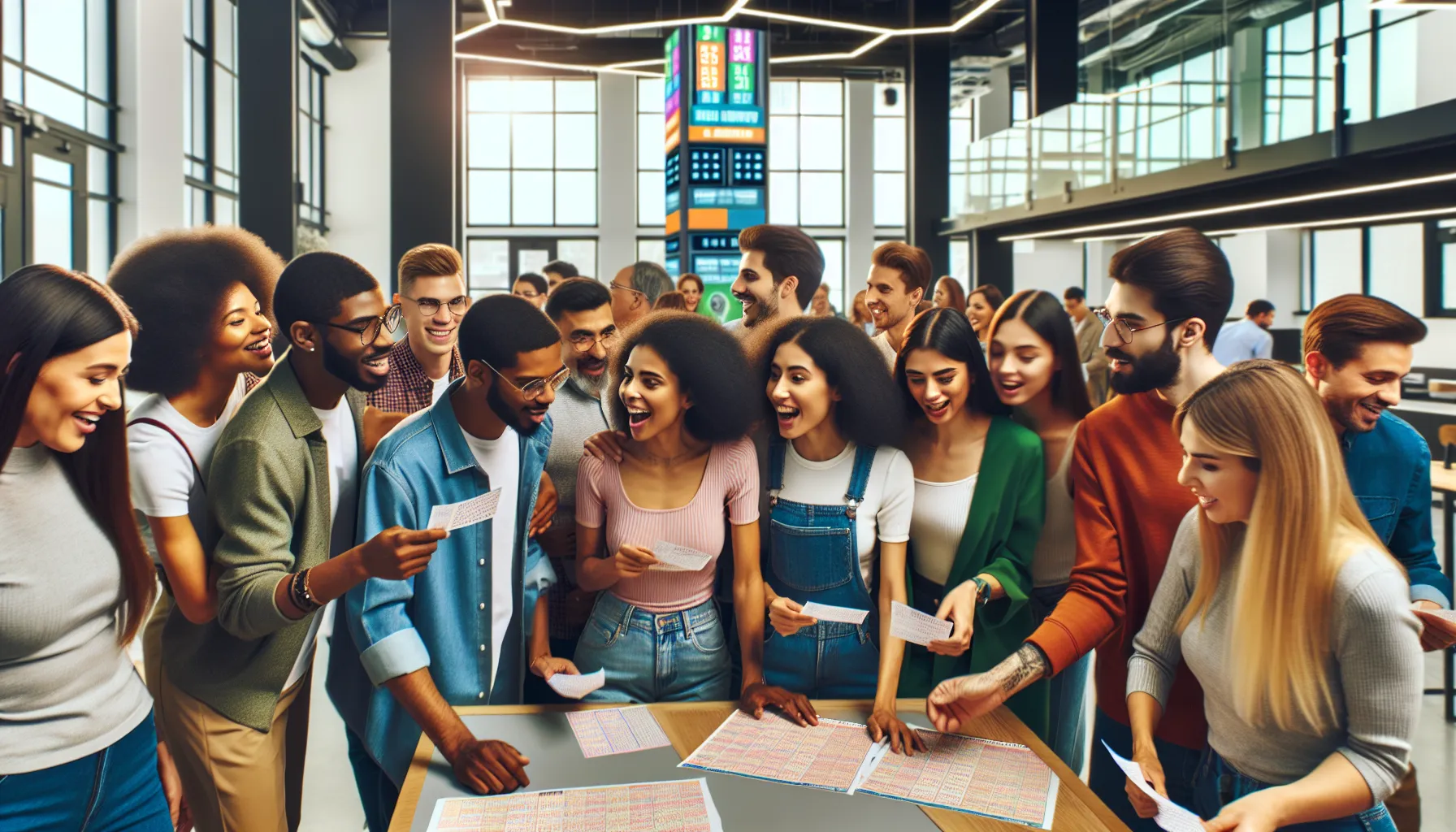 diverse group discussing Todylottary tickets in a community center.