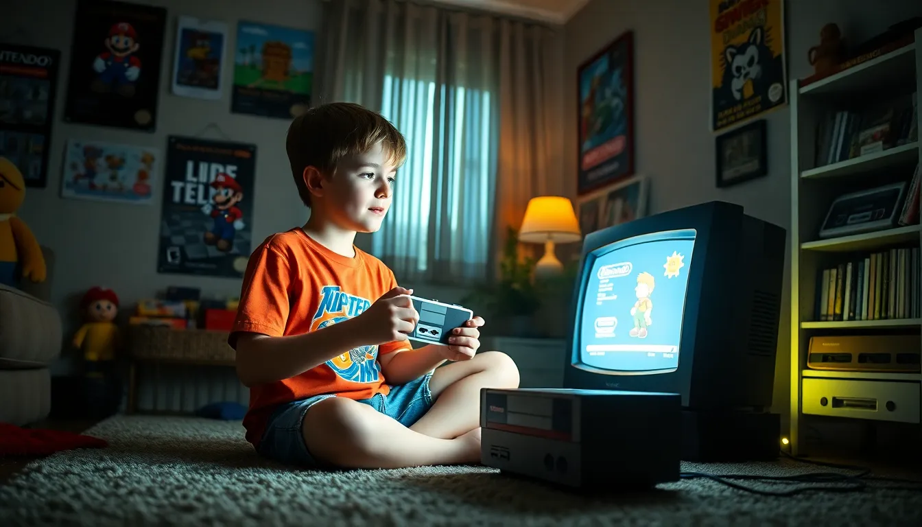 A boy playing Nintendo in a nostalgic 1980s living room.