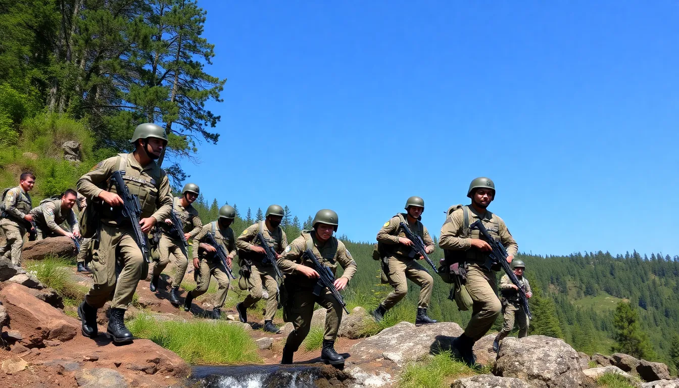 diverse soldiers engaged in outdoor military training.