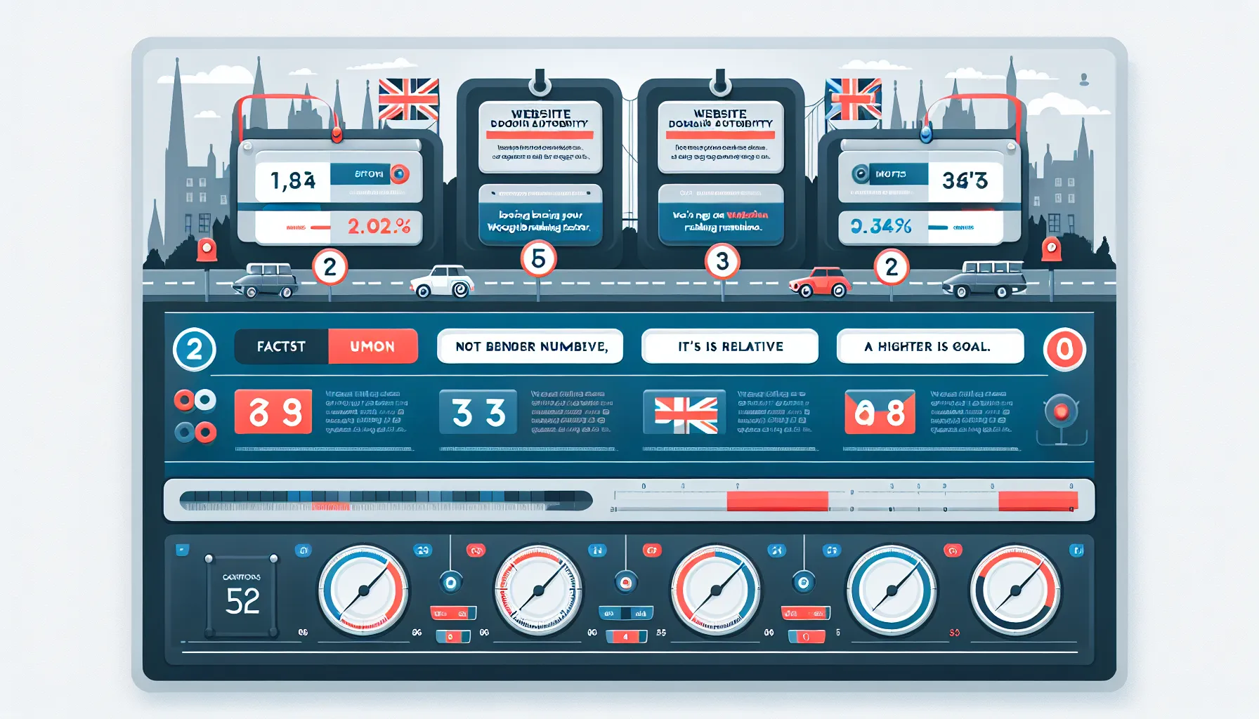 UK-themed infographic clarifying domain authority myths using a dashboard and goals.