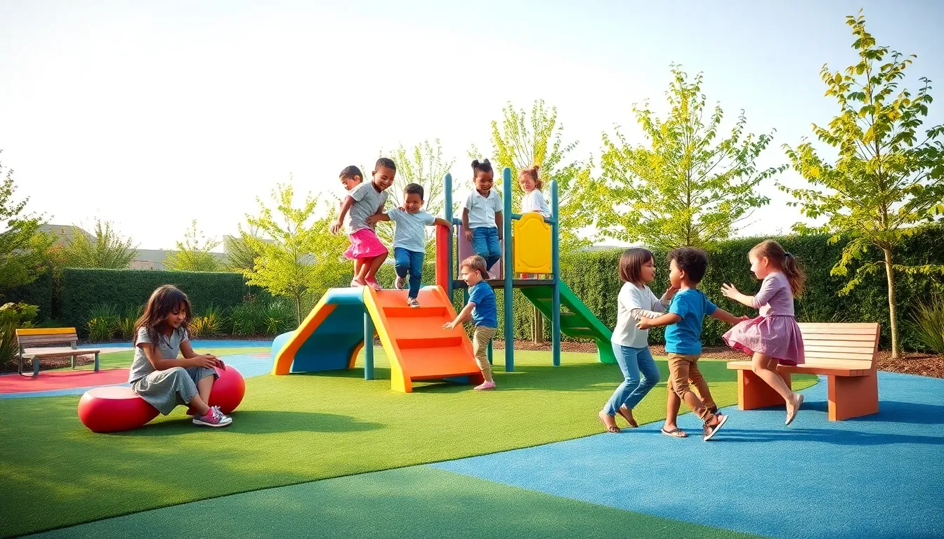 children playing in a colorful outdoor play space.