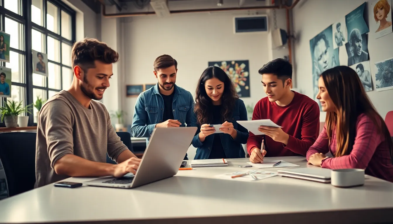 diverse group creating and collaborating in a modern gaming studio.