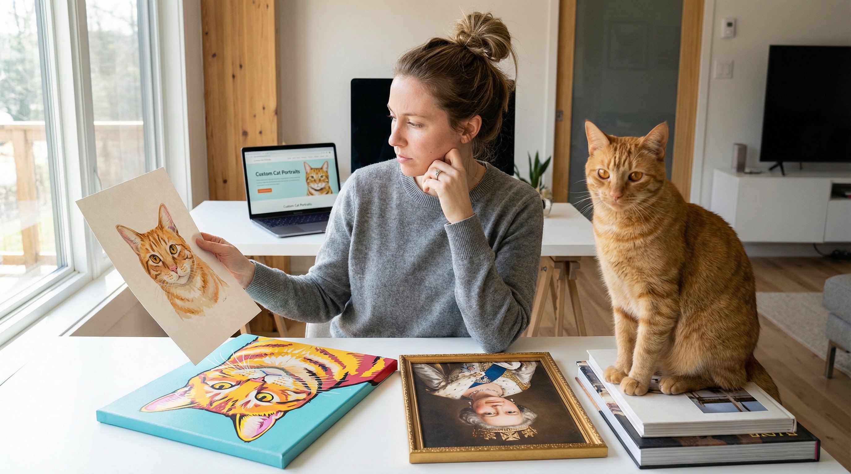 Woman comparing multiple custom cat portrait prints beside her tabby cat on a desk.