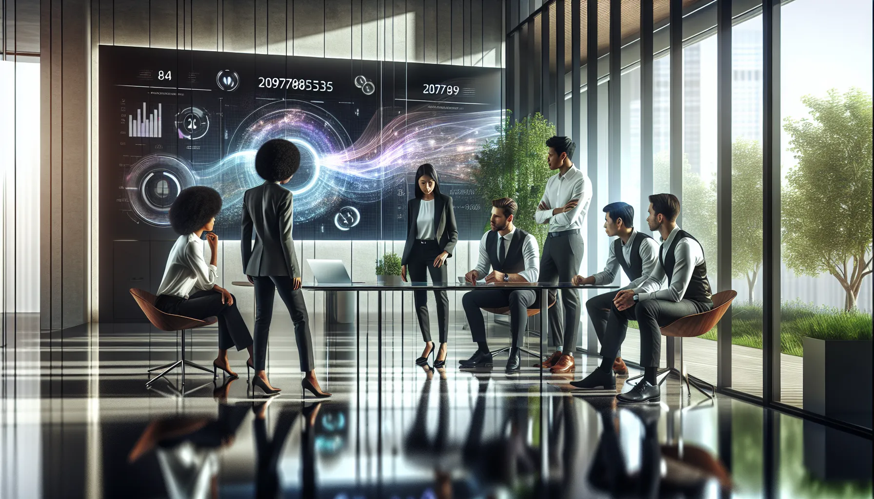 professionals discussing data analytics in a modern office.