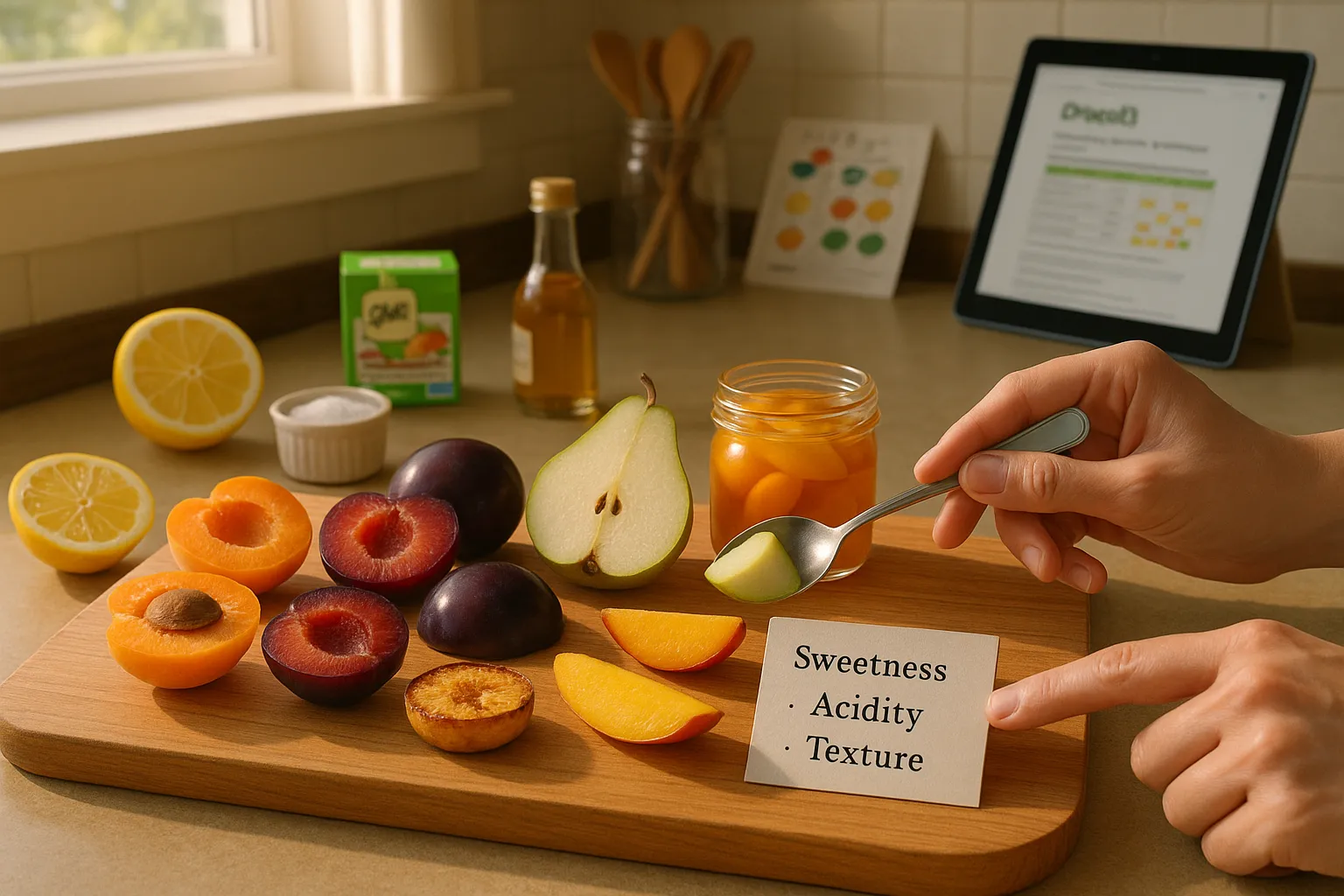 hands tasting arranged fruit samples comparing peach substitutes on cutting board
