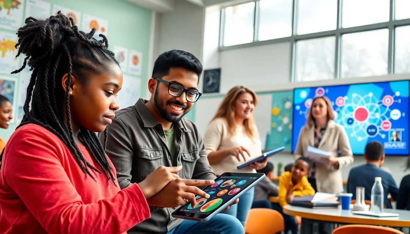 Students engaged in a collaborative science project in a bright classroom.