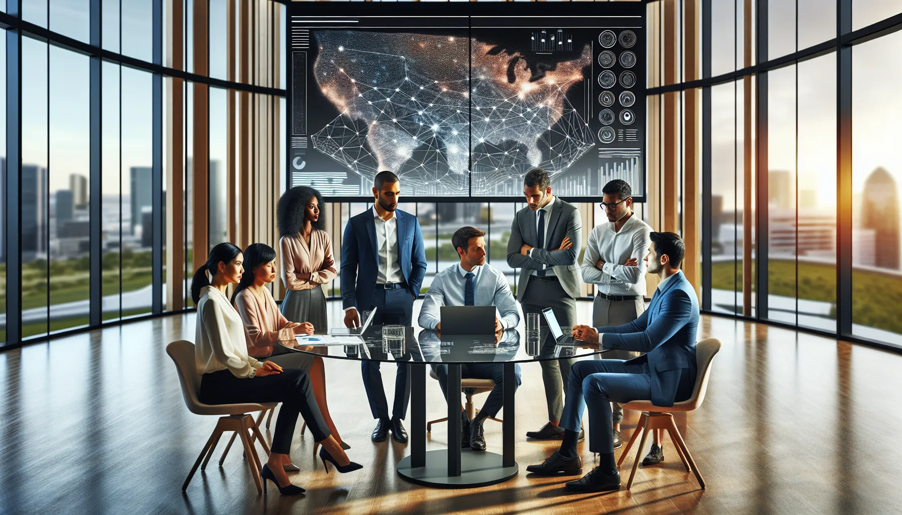 diverse professionals collaborating on data trends in a modern office.