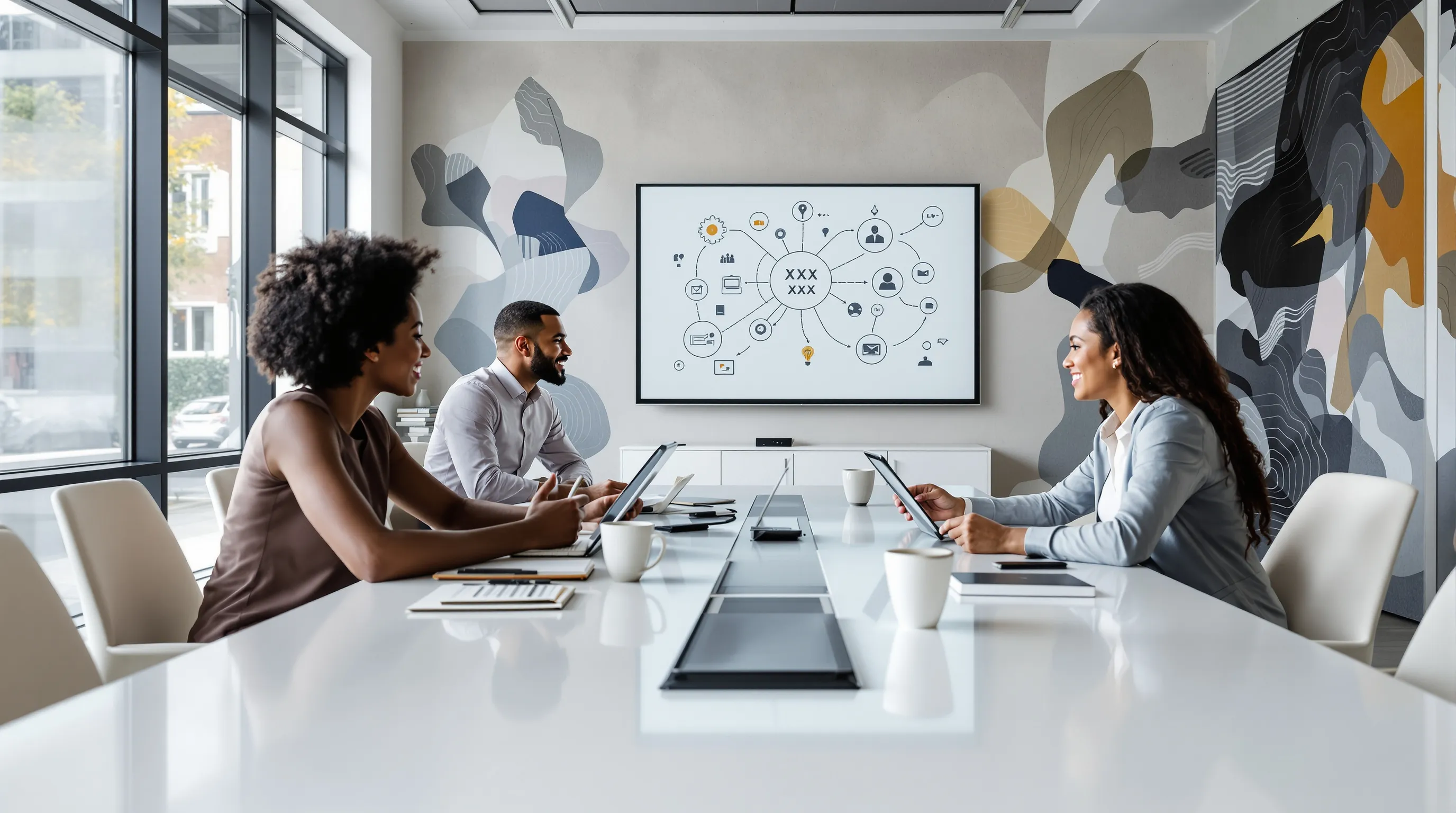 diverse team brainstorming ideas in a modern conference room.