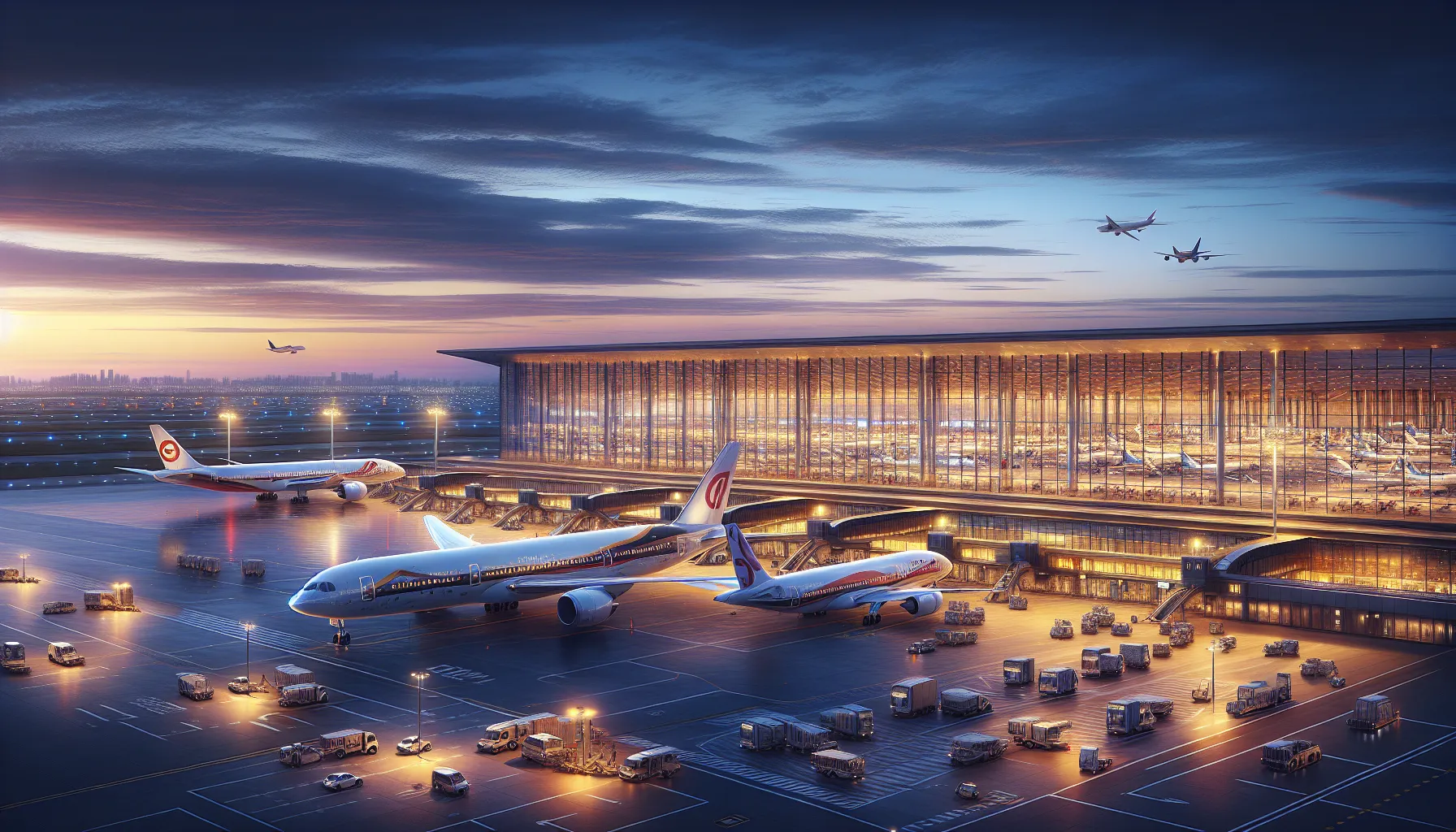 Two aircraft displaying Airbus and Boeing designs at an airport terminal at dusk.