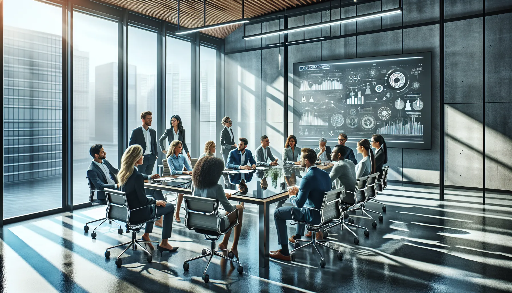 diverse group collaborating in a modern creative workspace.
