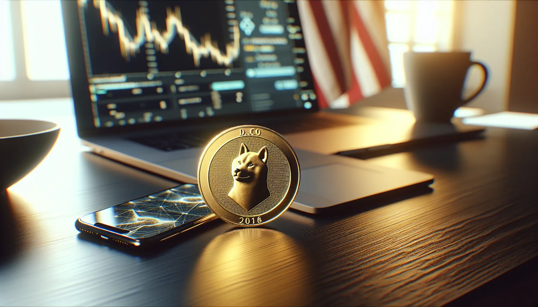 Golden Floki Inu cryptocurrency coin on desk with laptop showing blockchain charts.
