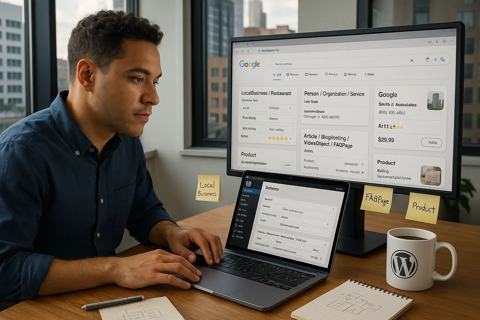 Marketer configures schema in WordPress, showing rich results for varied U.S. businesses.