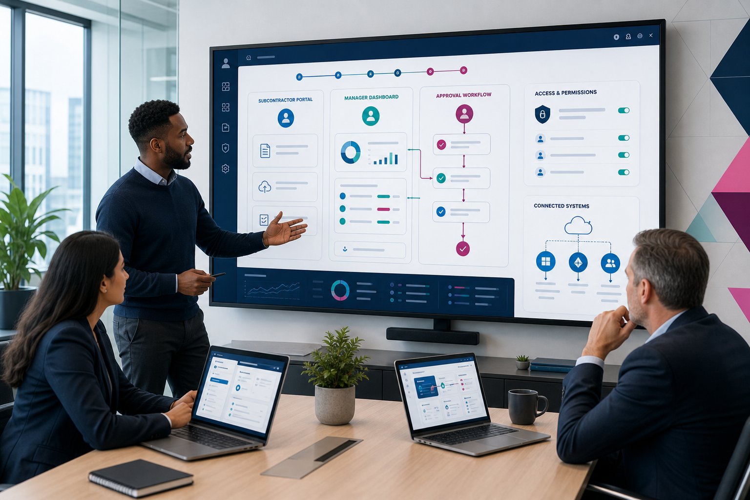 Team reviewing a custom business portal workflow in a modern office.