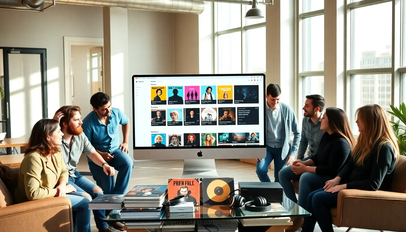 diverse group collaborating in a modern workspace around a music platform interface.