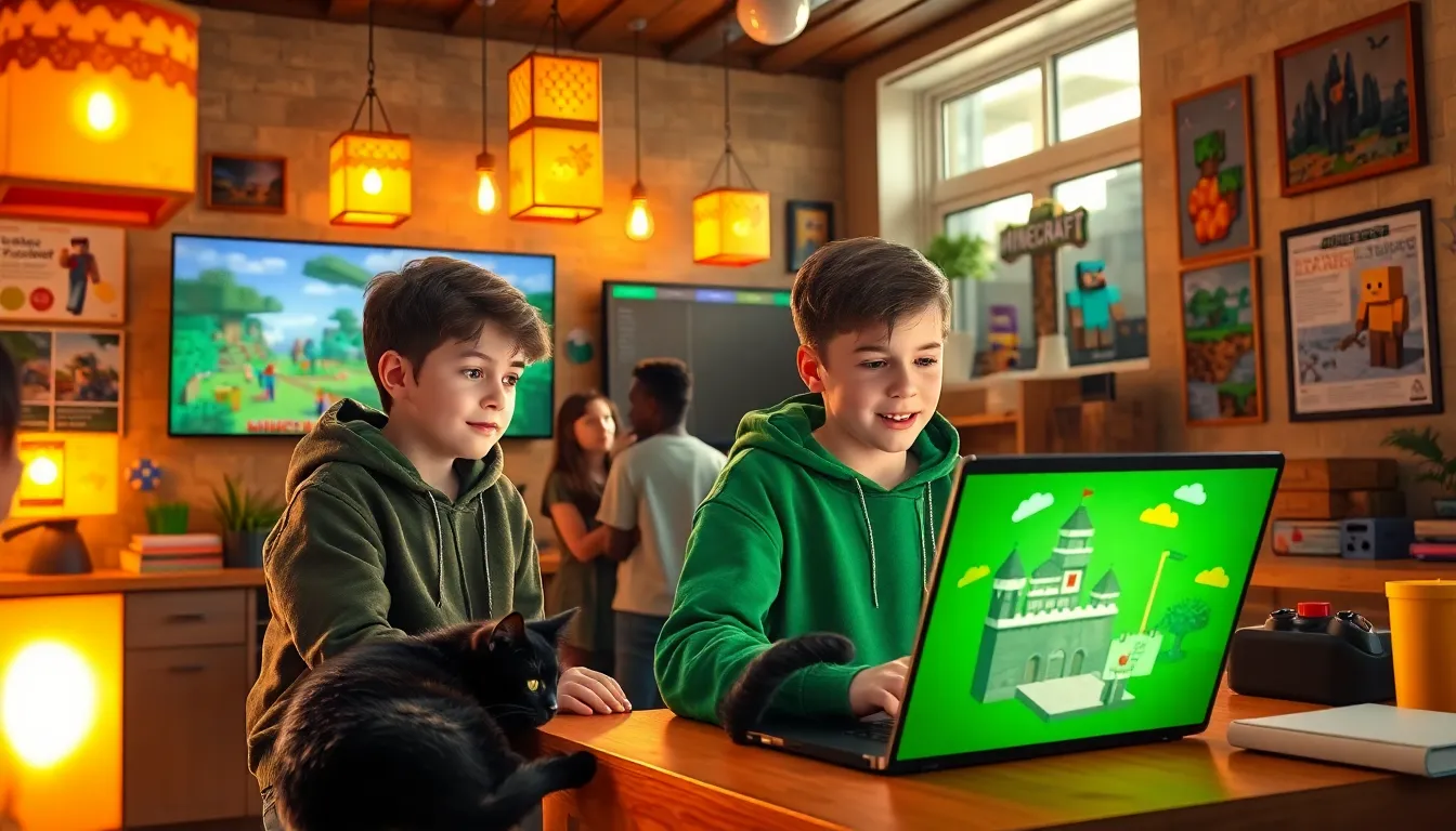 children playing Minecraft in a colorful online gaming community.