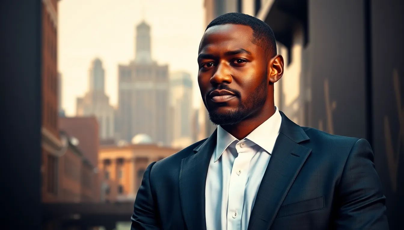 African American male in a professional suit with a historical urban backdrop.