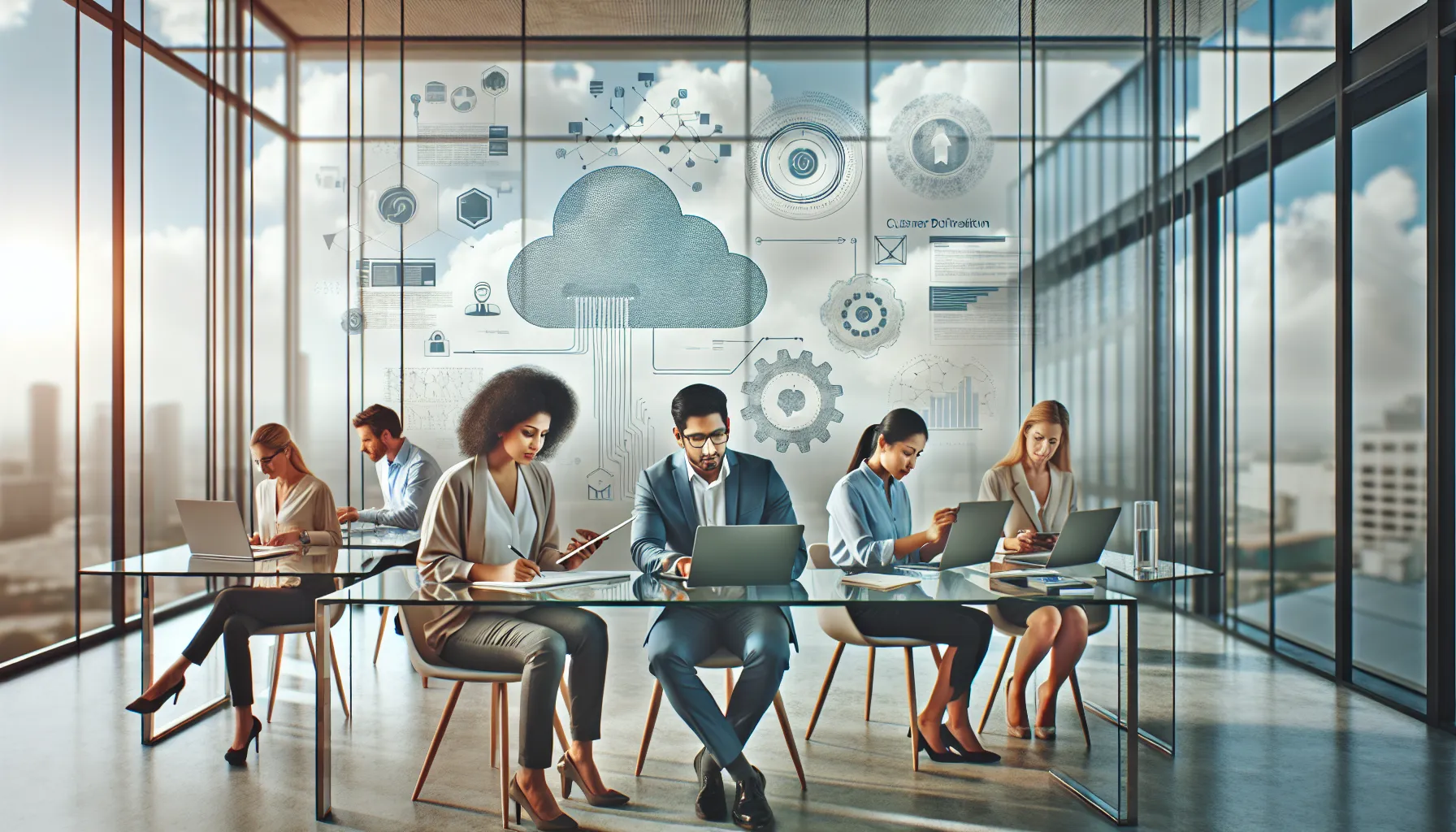 diverse team collaborating in a modern office on cloud technology.