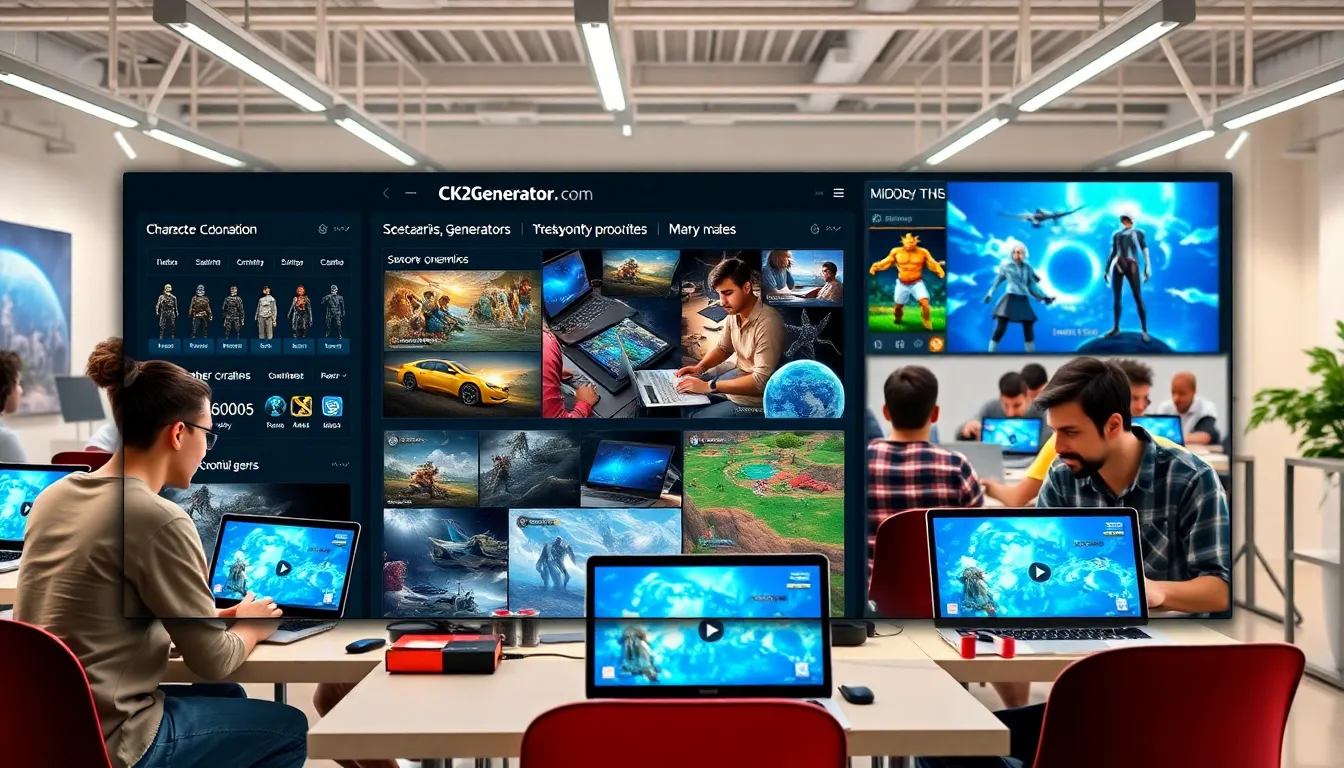 diverse gamers customizing characters in a modern workspace.