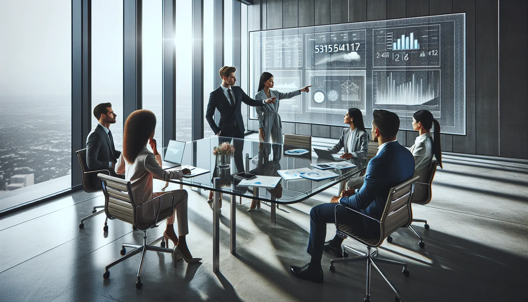 diverse team discussing data analysis in a modern office.