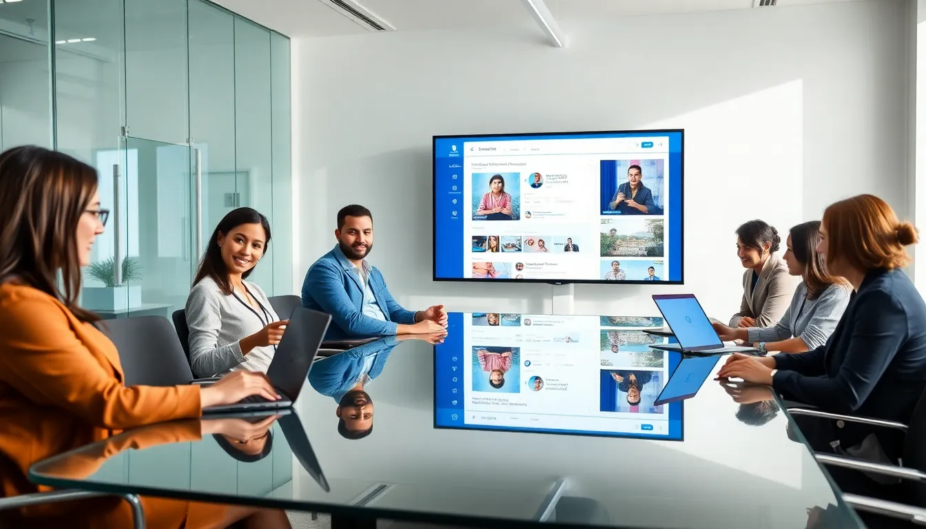 a diverse team collaborating in a modern office with digital devices.