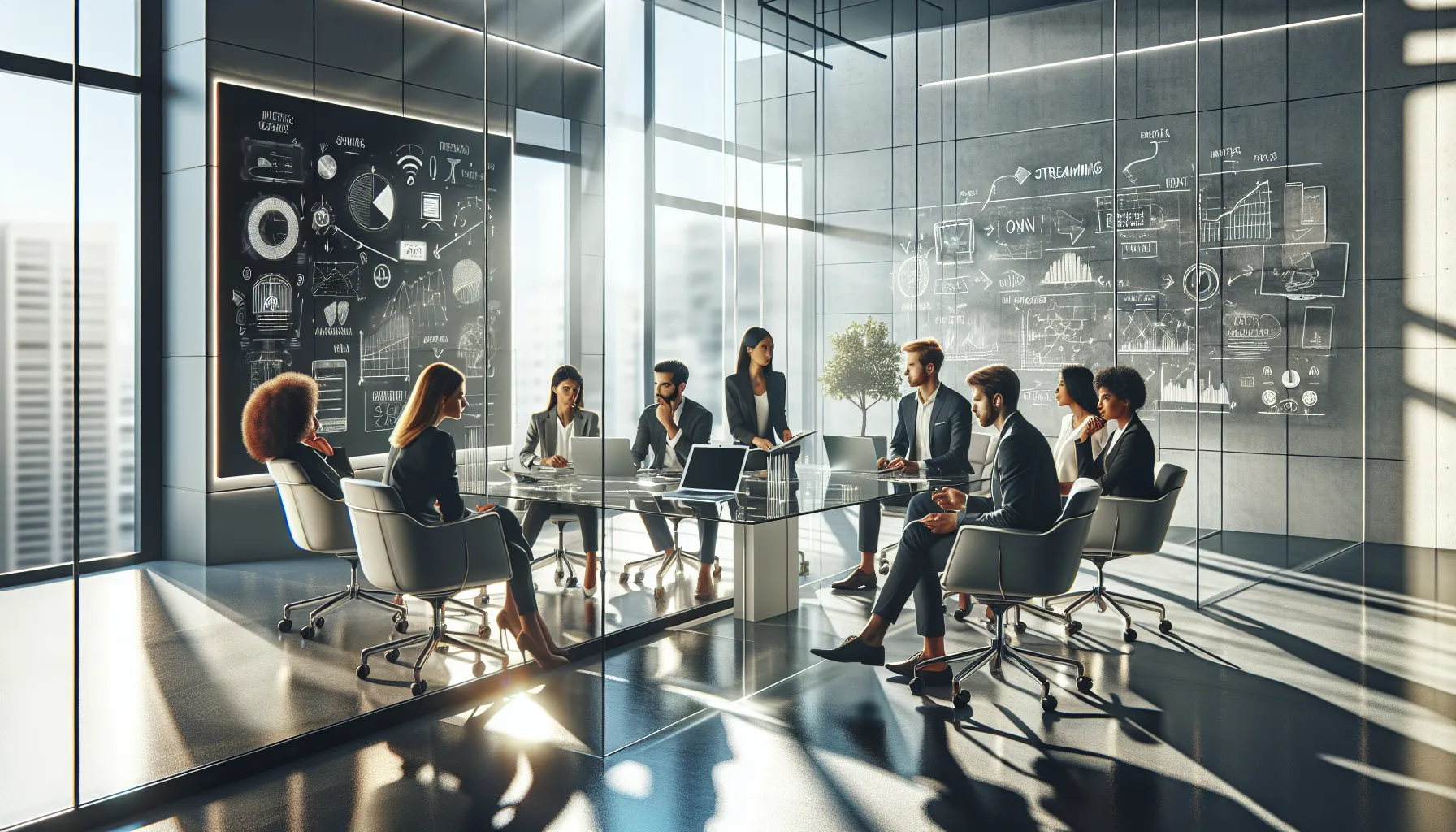 diverse team discussing movie streaming alternatives in a modern office.