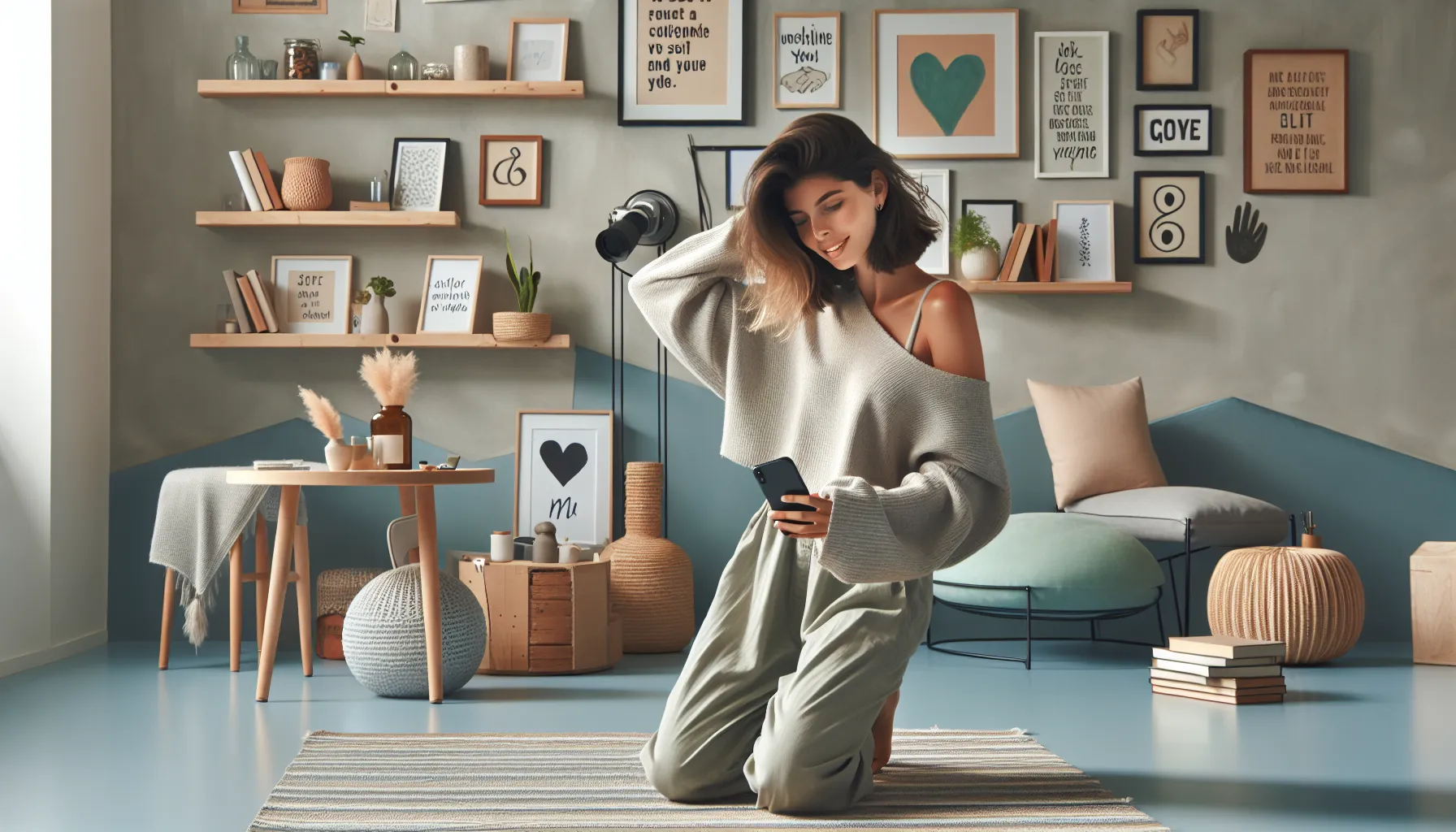 Naomi creating content in a colorful, modern studio.