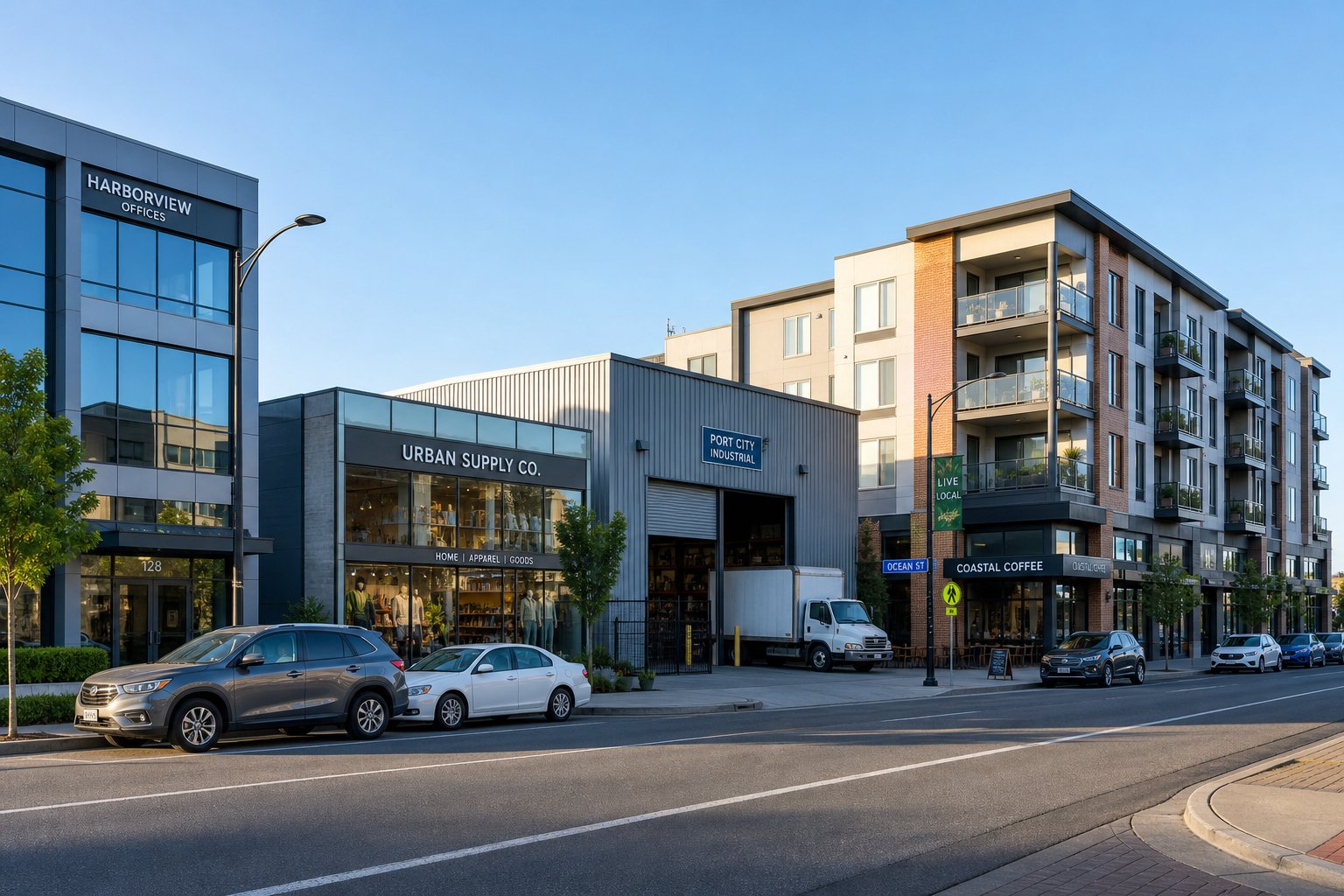 Realistic streetscape showing office, retail, industrial, and mixed-use commercial properties.