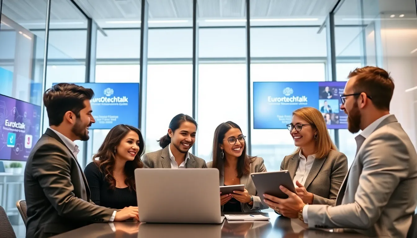 diverse team discussing technology in a modern conference room.