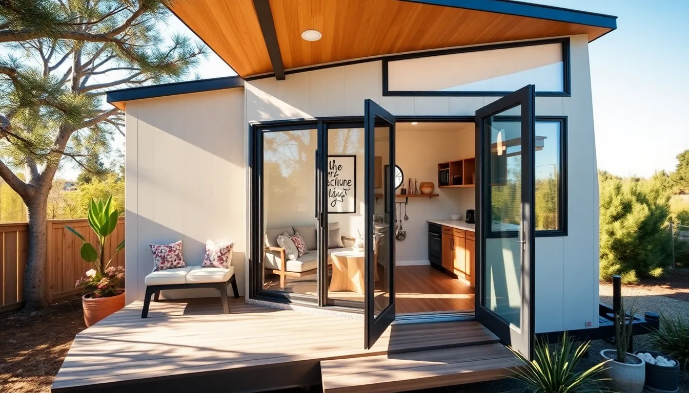 modern tiny home in California surrounded by greenery.