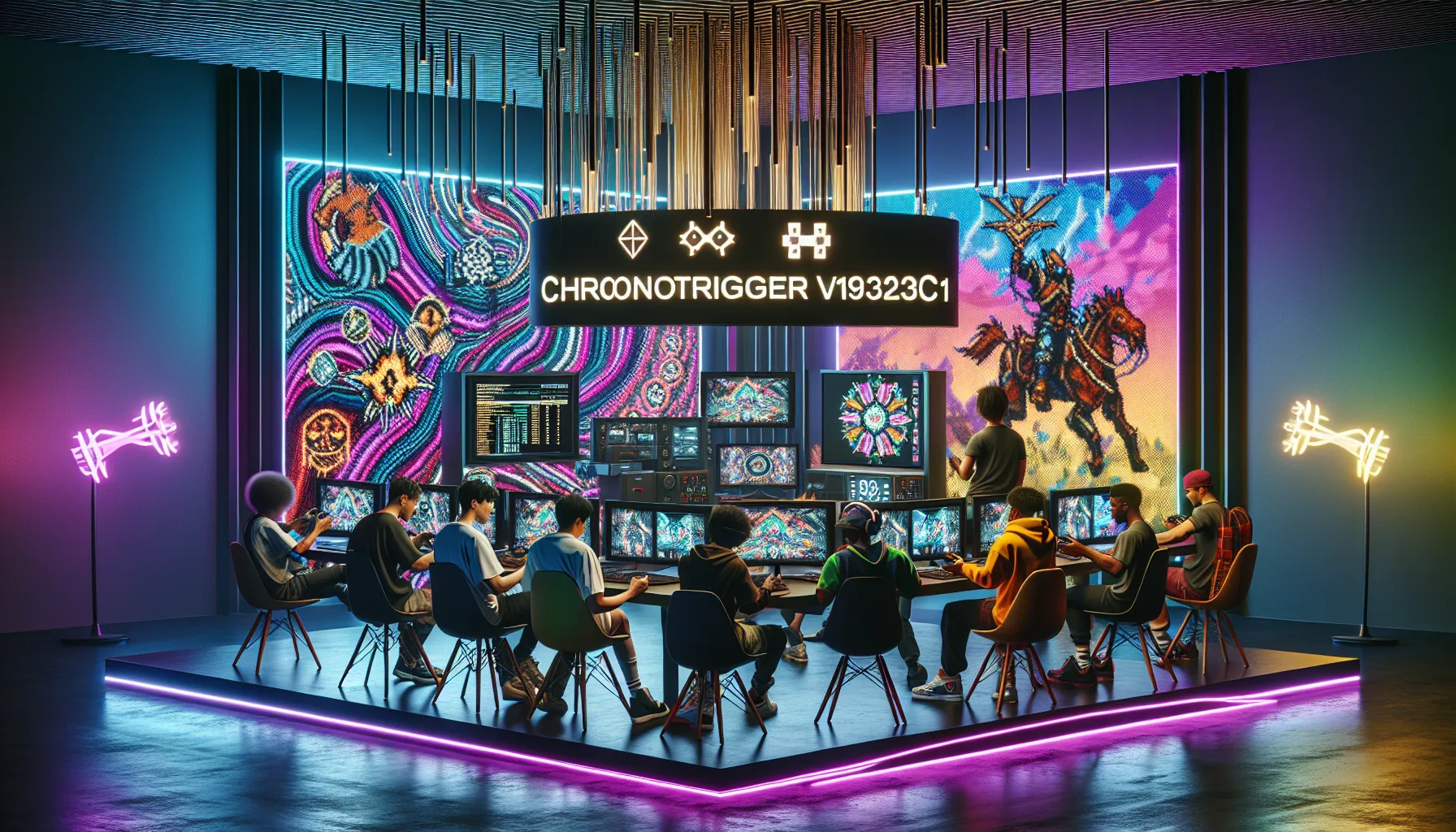 diverse gamers testing a patch for Chrono Trigger in a modern workspace.