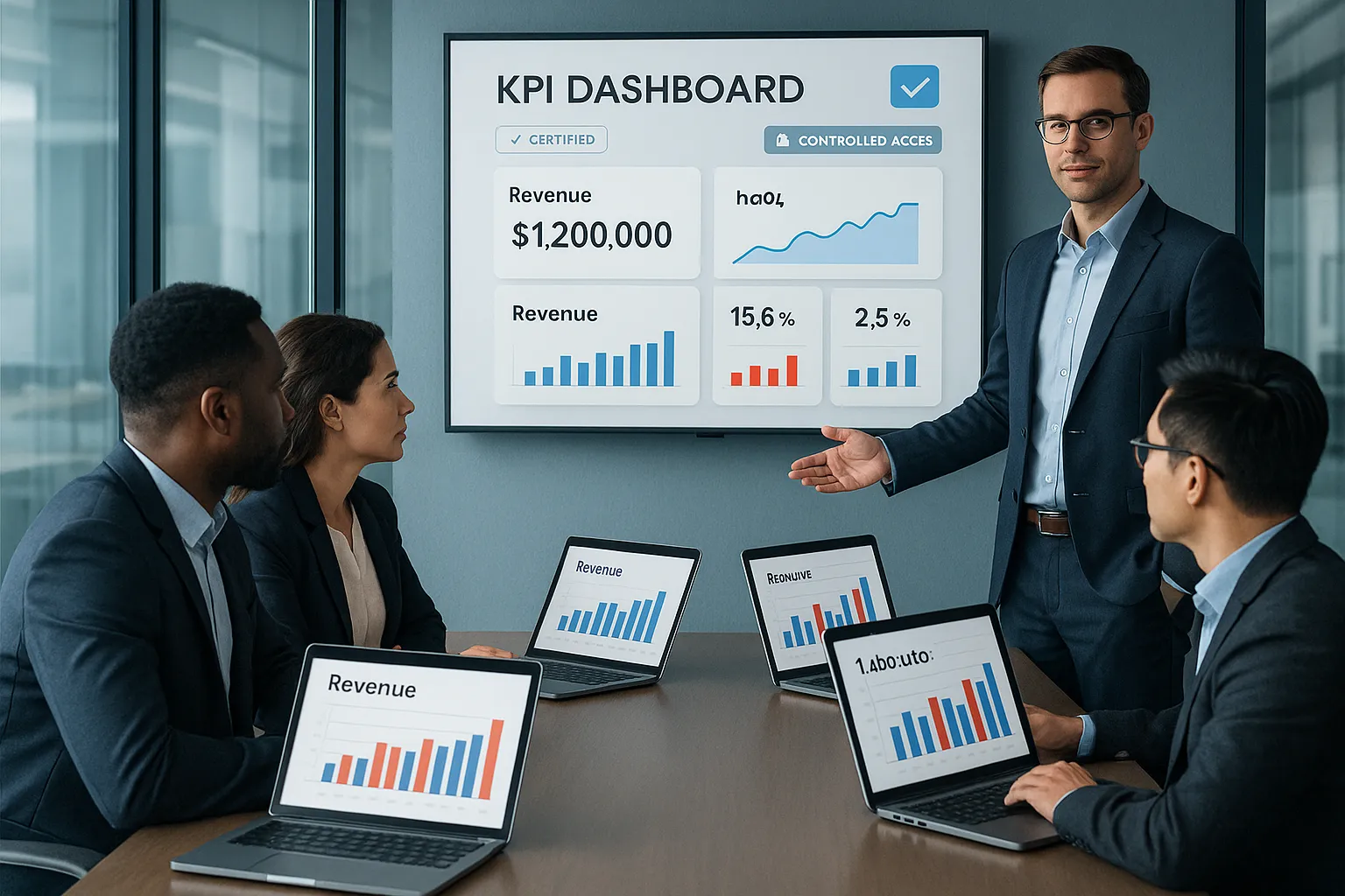 Team reviewing conflicting dashboards in a modern office meeting room.