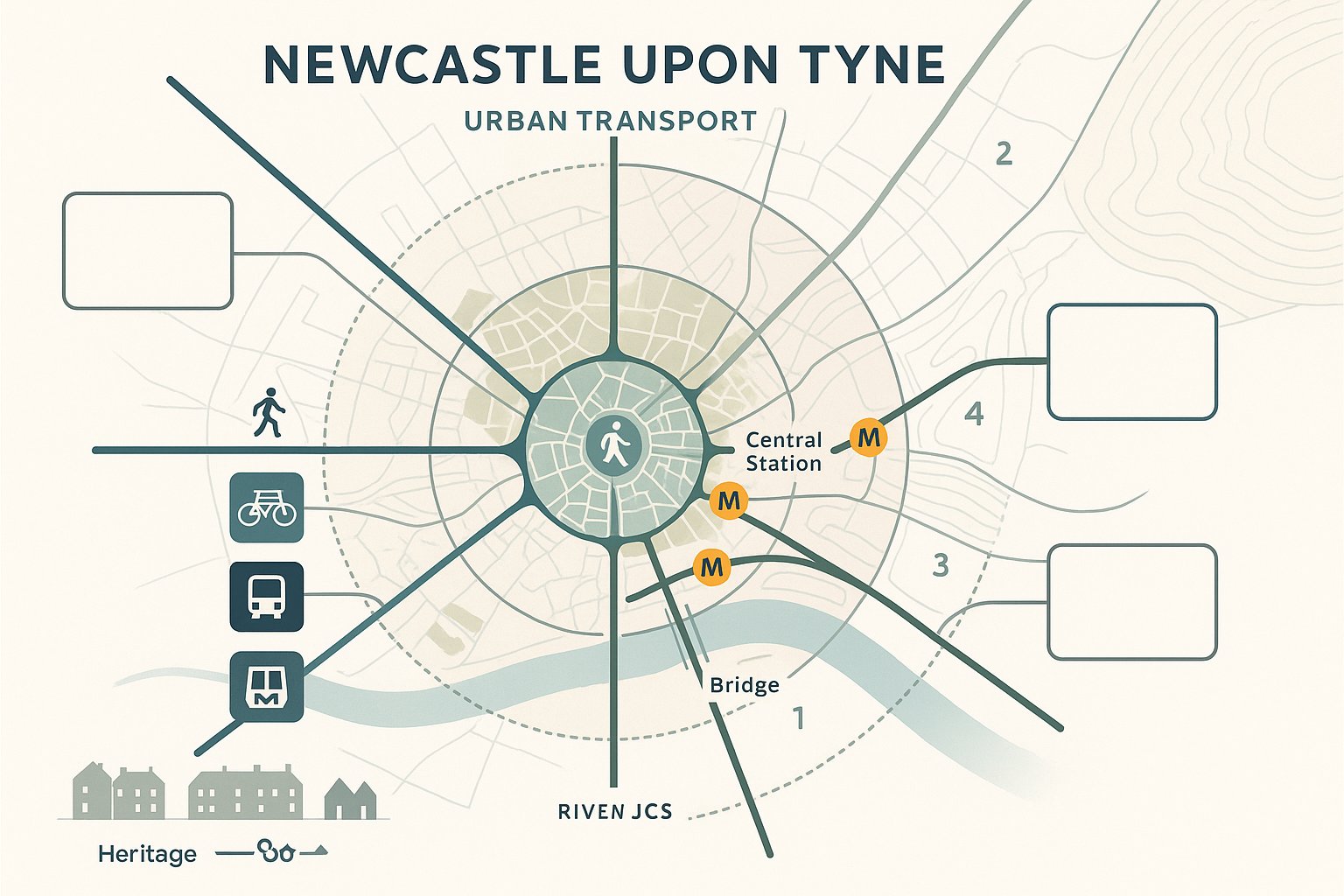 Infographic map of Newcastle showing hubs, river crossings, and transport planning factors.