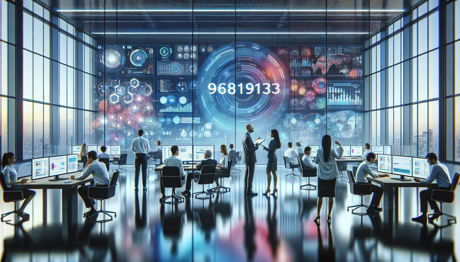 professionals collaborating in a modern workspace with data screens.