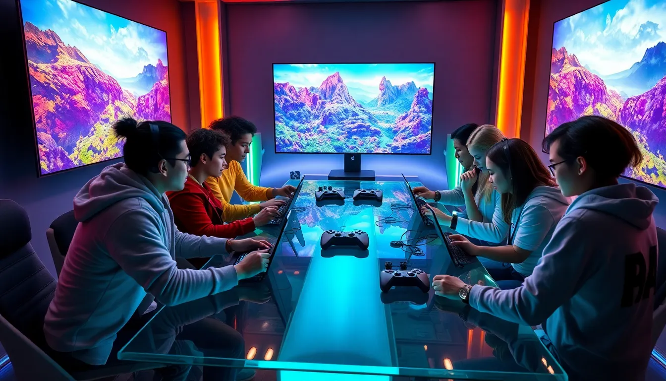 diverse gamers playing Final Fantasy XIV on PS5 in a modern room.