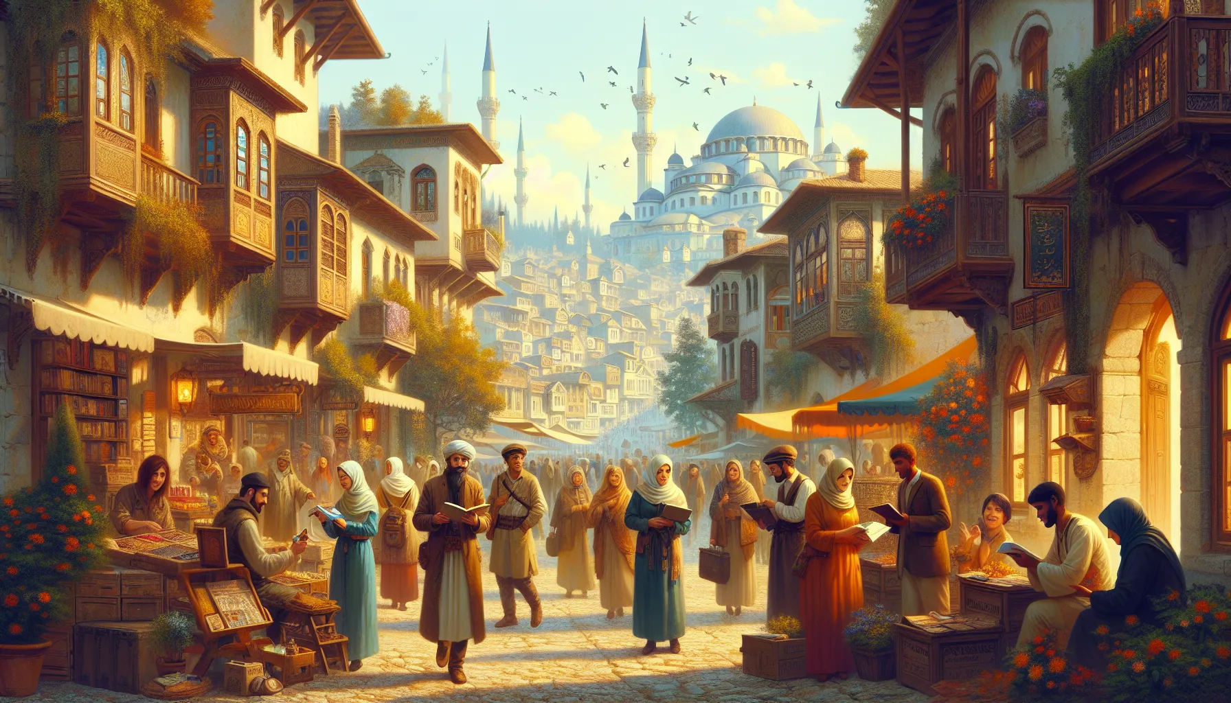 tourists exploring Hausizius with locals in a vibrant street setting.