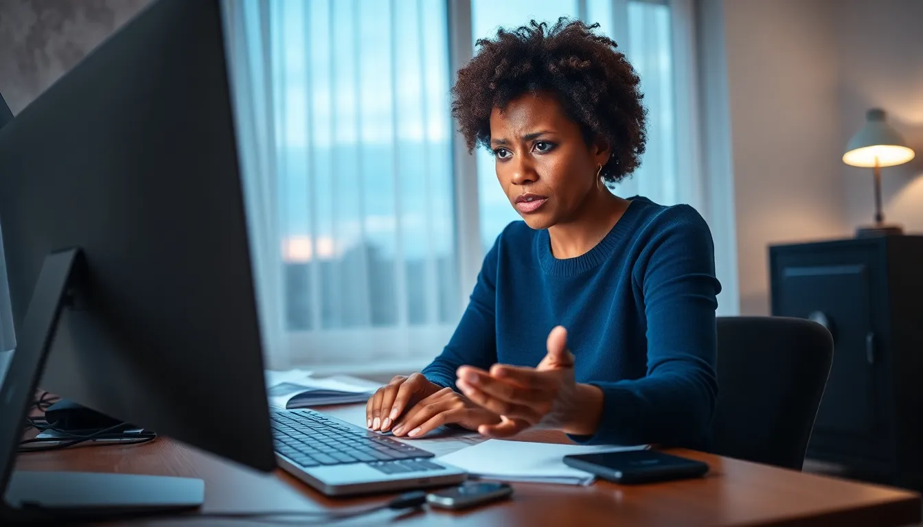 A woman at her desk, worried about online security threats.