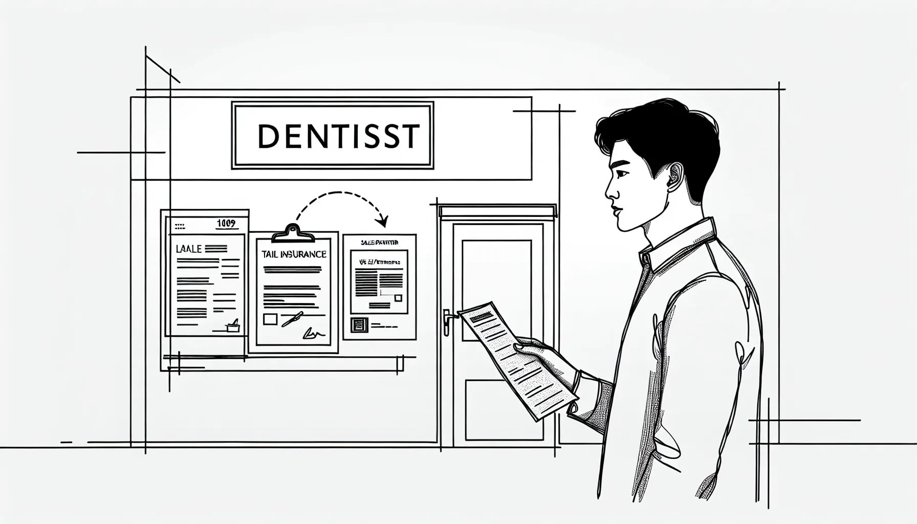 Dentist leaving clinic holding a contract labeled 'Tail Insurance'.