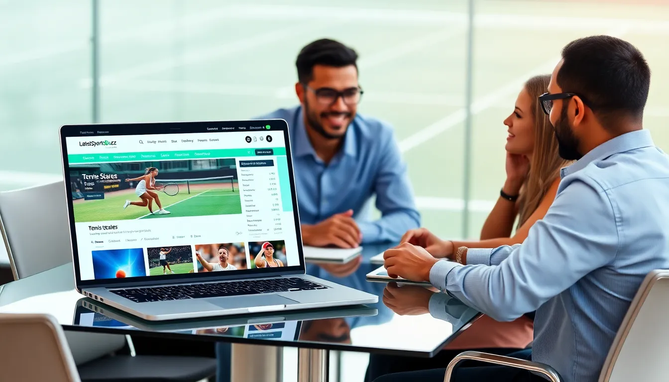 professionals discussing tennis updates in a modern office.