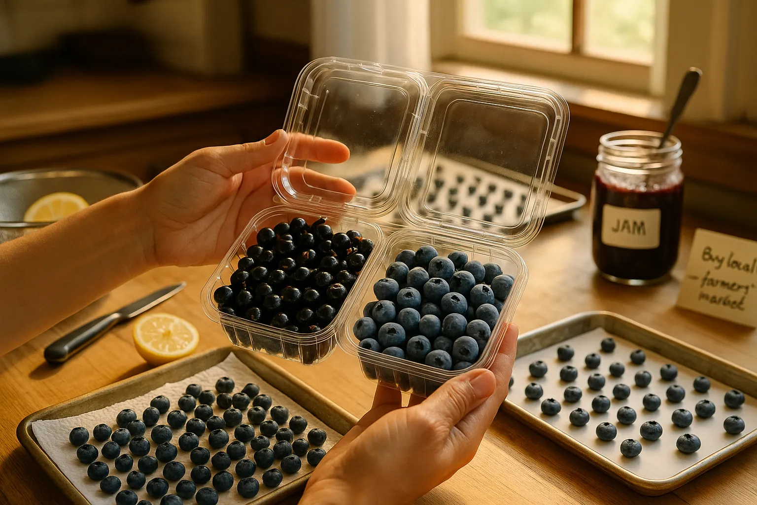 Hands comparing glossy blackcurrants and powdery blueberries on a kitchen counter.