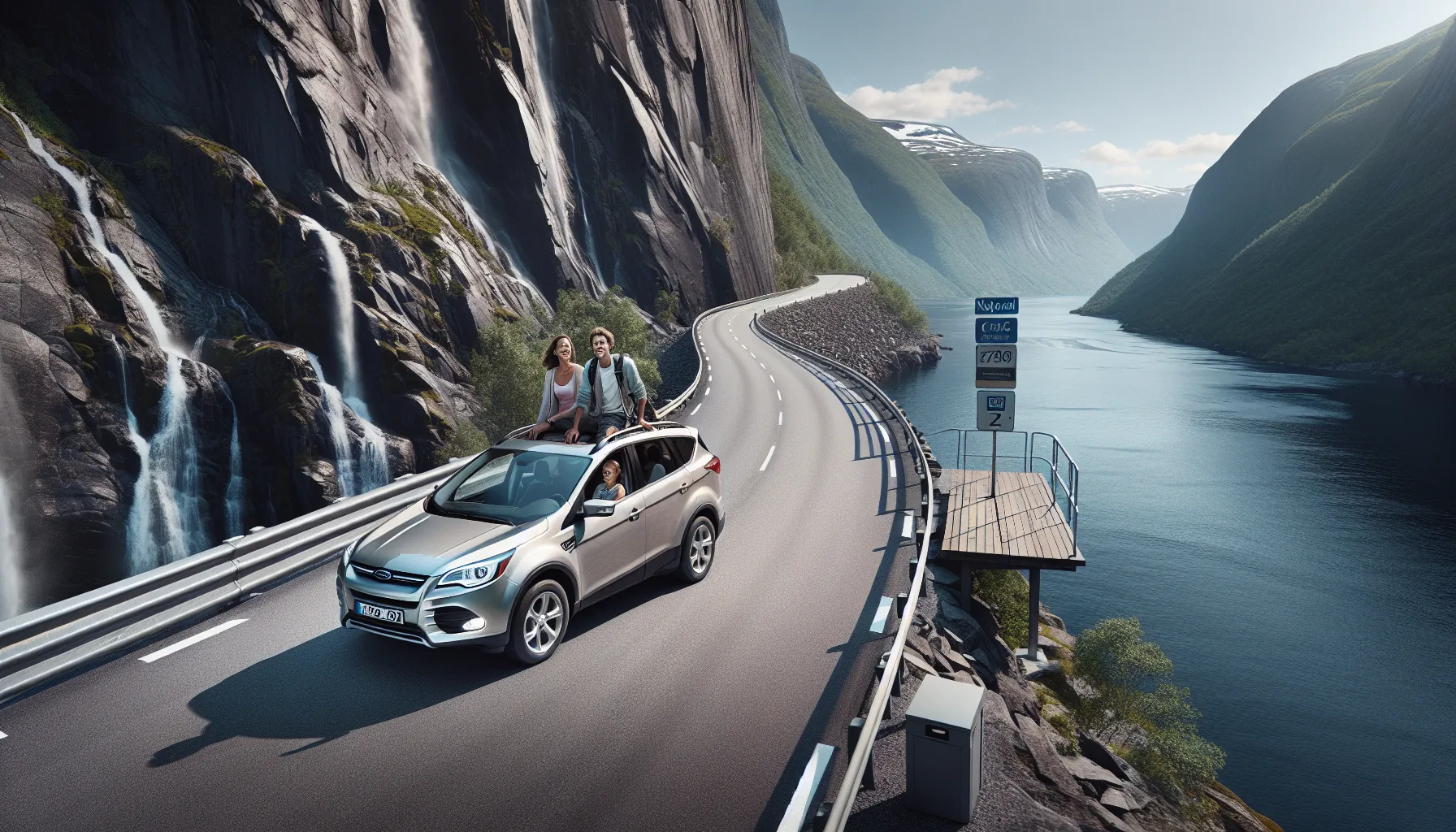 Car driving along a norwegian fjord road with scenic viewpoint and mountains.