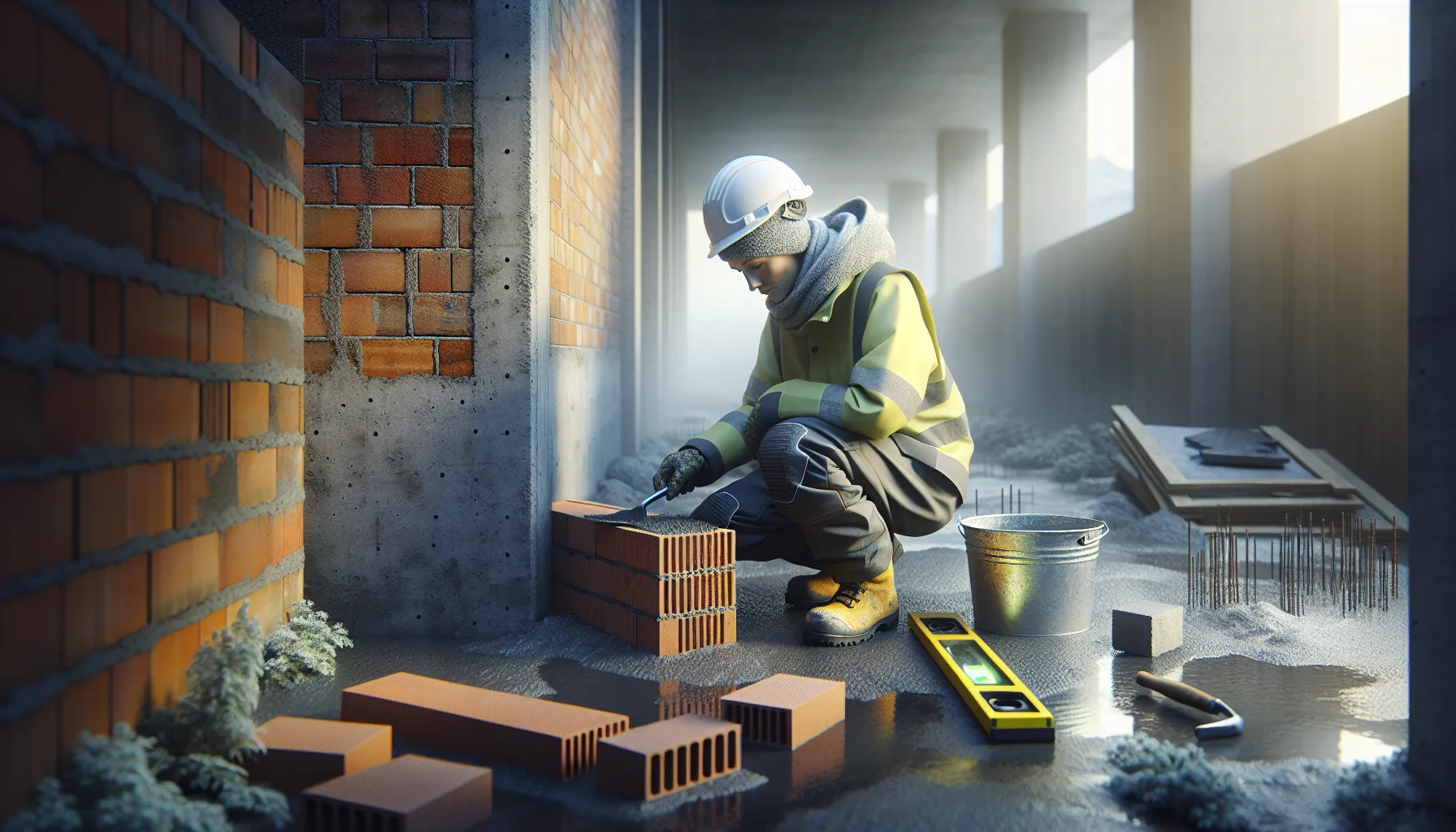 Norwegian mason bricklaying as concrete worker pours into rebar formwork nearby.