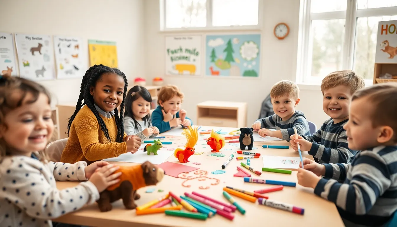 preschoolers crafting hibernation animals in a bright classroom.
