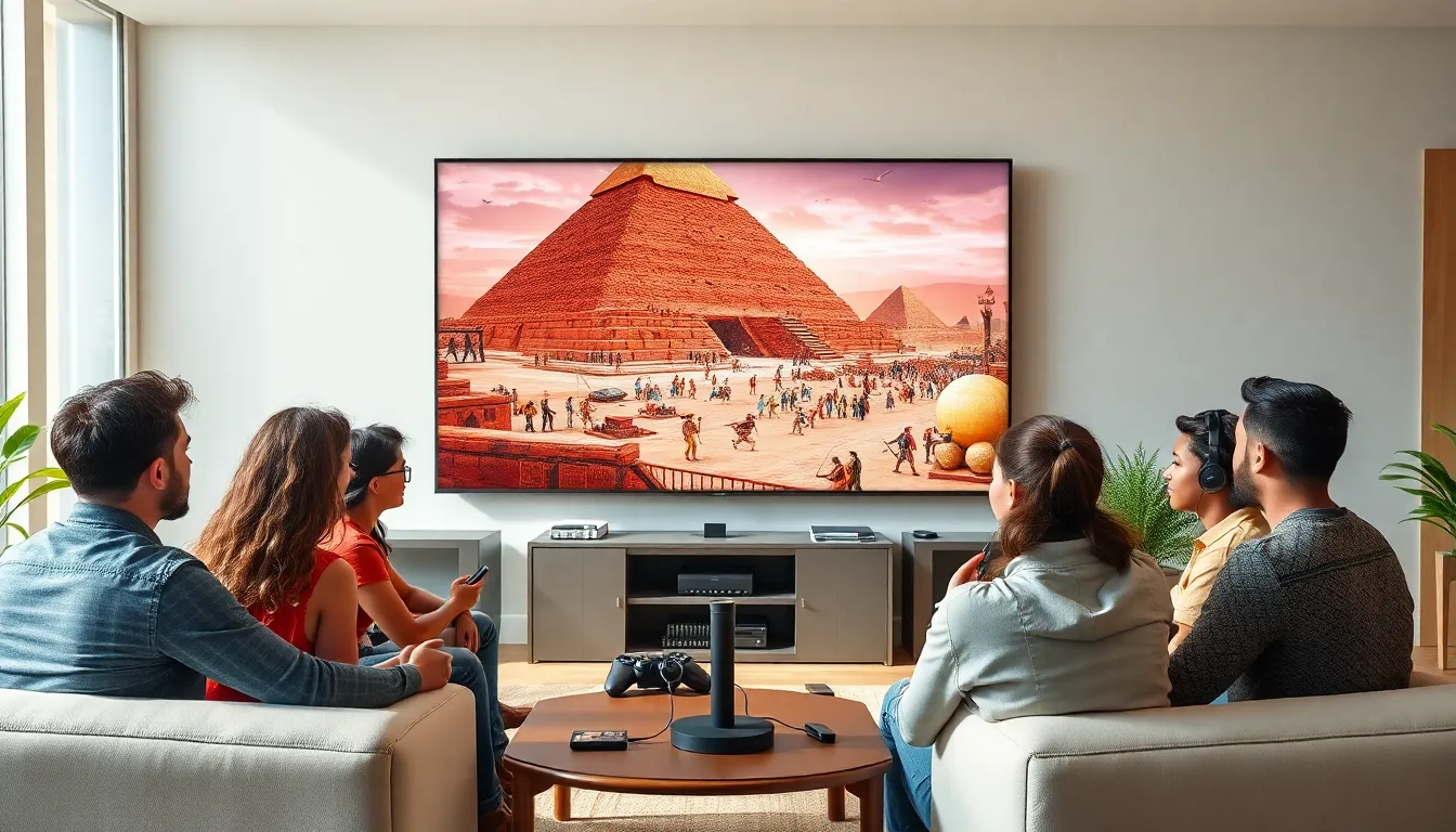 gamers engaging in a modern room themed around Ancient Egypt.