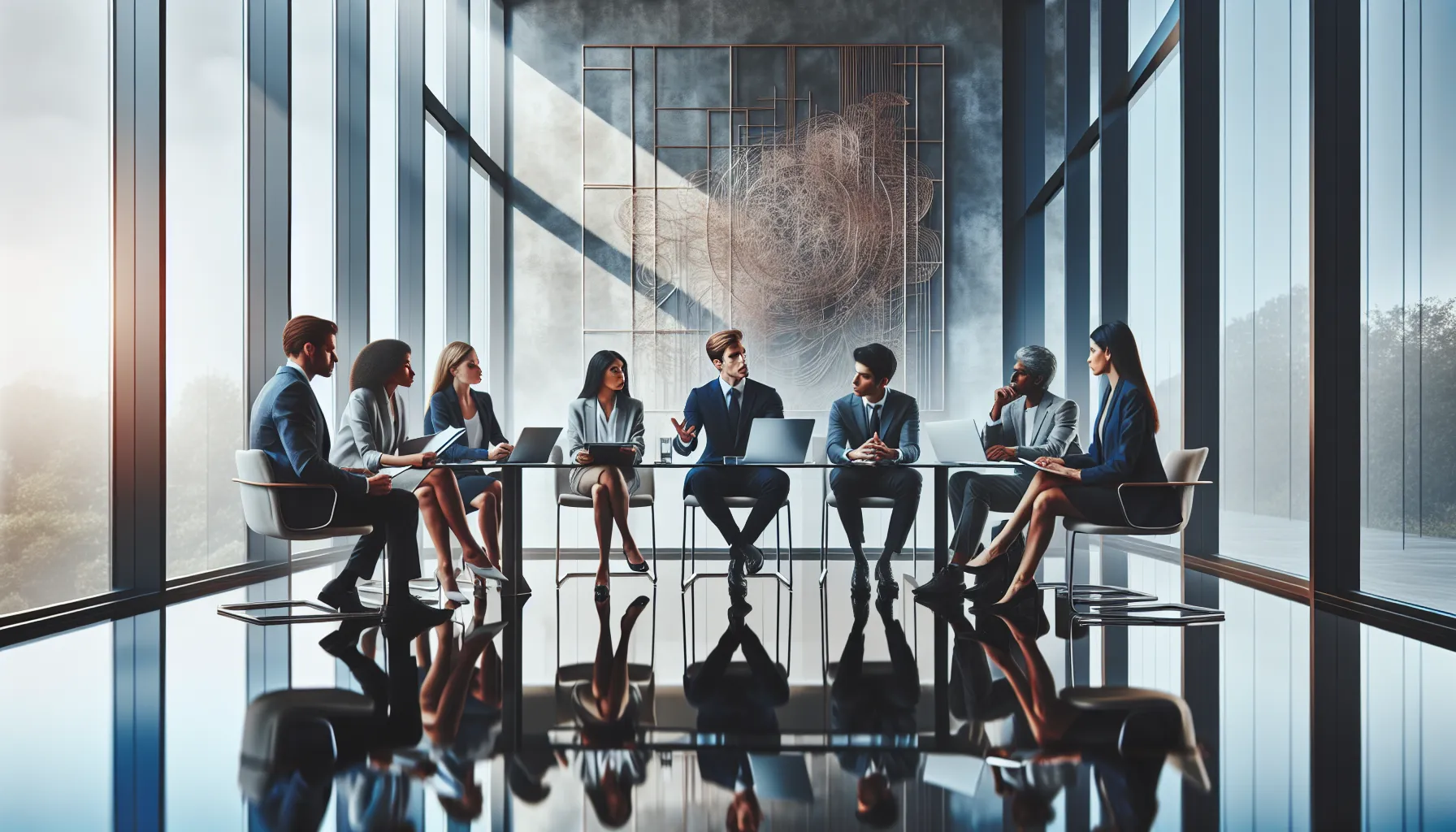 diverse team discussing the concept of 'тщешщты' in a modern office.