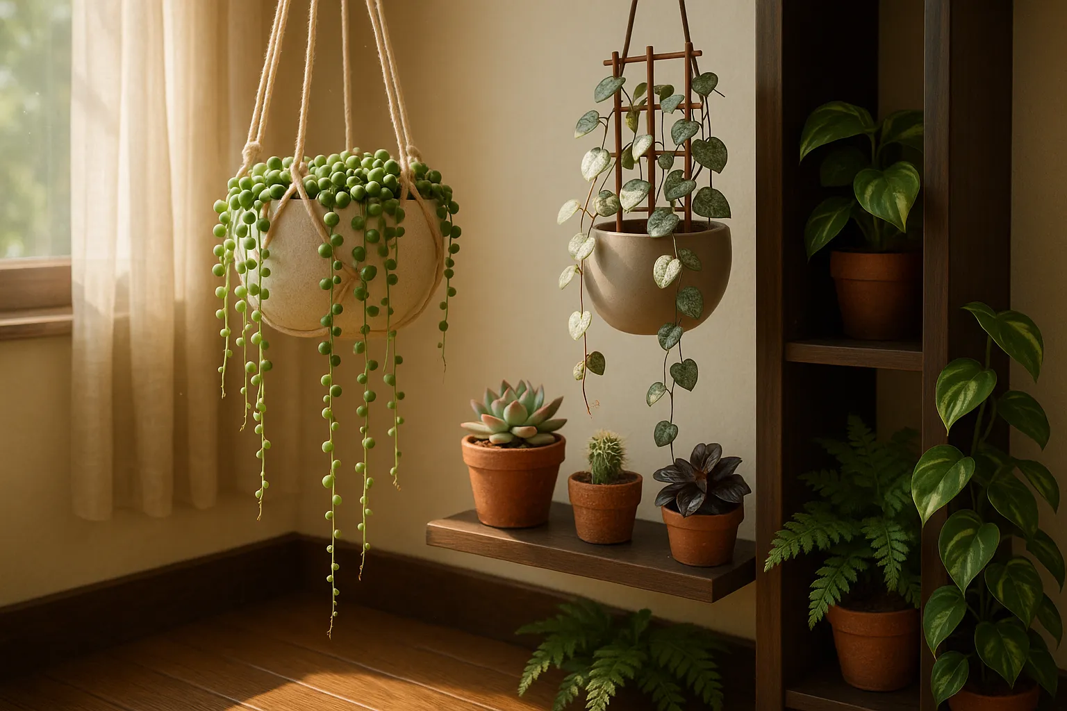 Hanging String of Pearls and trailing String of Hearts styled with succulents.