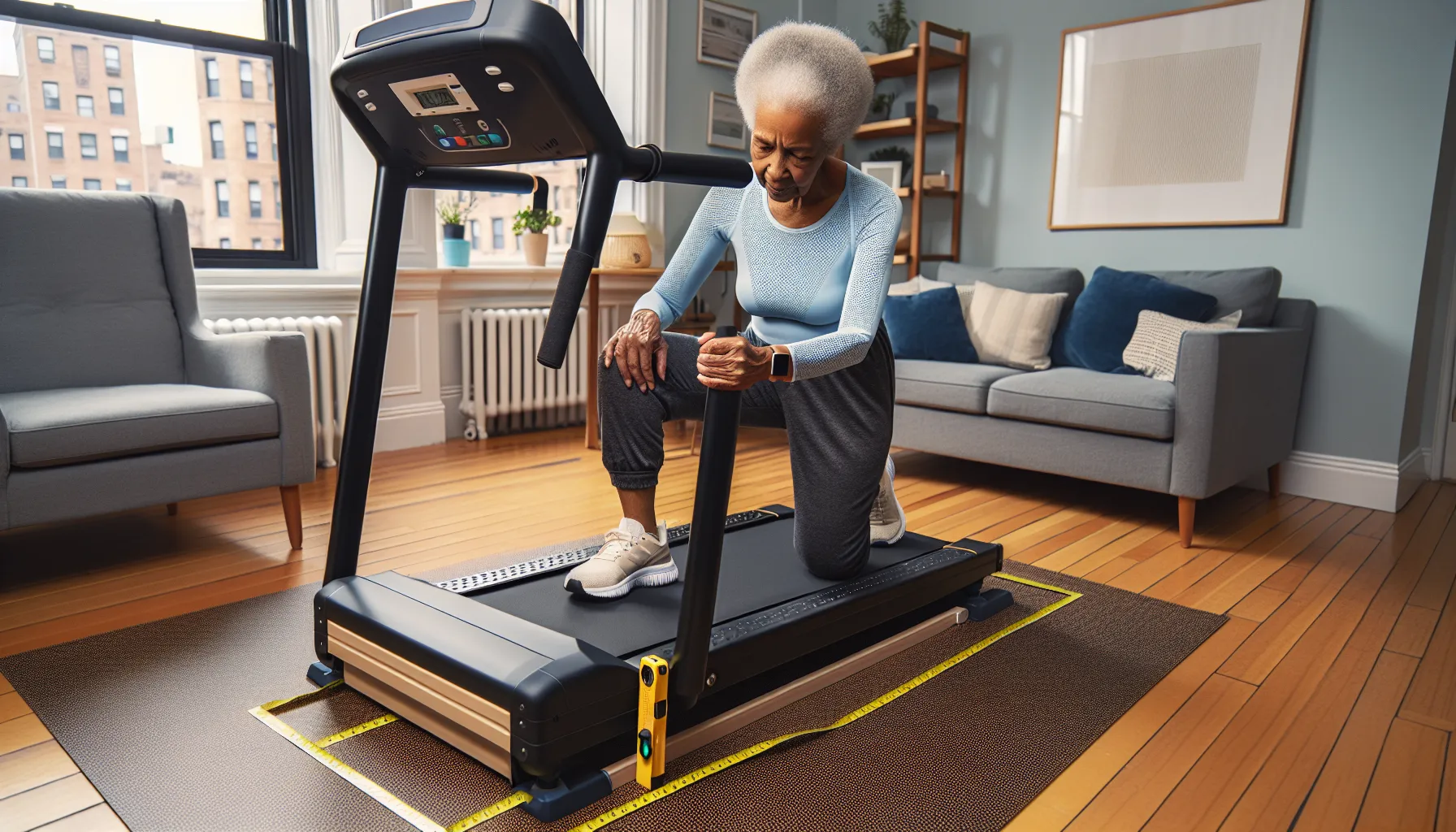 Senior woman levels treadmill on mat with safe clearance in apartment.